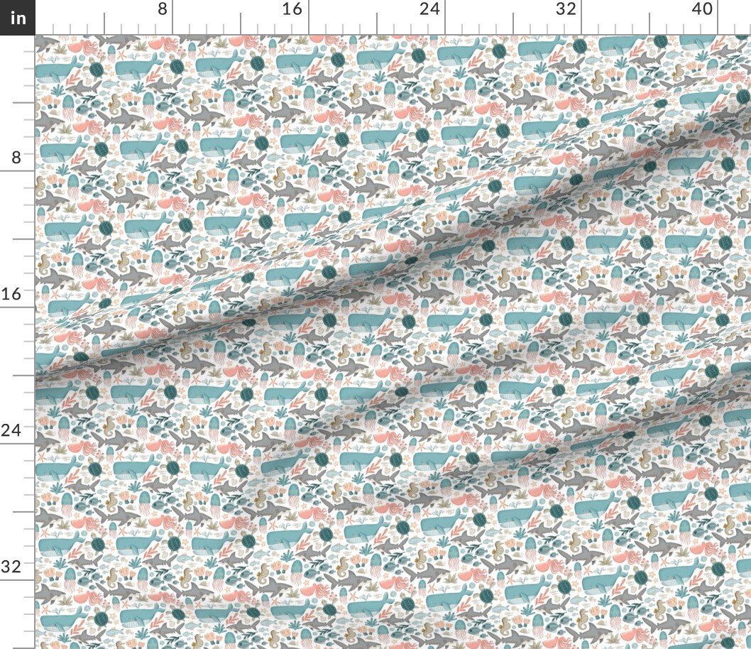 Whimsical Beach Whimsical Cute Ocean Shark Whale Blue Coastal Pastel Coral Sea Small Scale Custom Printed Fabric by Spoonflower Various Fabrics by the Yard or Fat Quarter