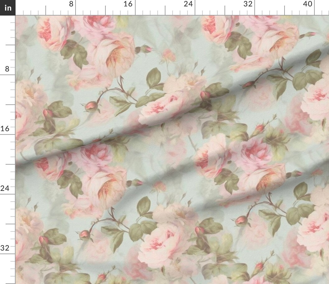 Watercolor Roses Botanical Cabbage Rose Vintage Large Scale Floral Leaves Custom Printed Fabric by Spoonflower Various Fabrics by the Yard or Fat Quarter