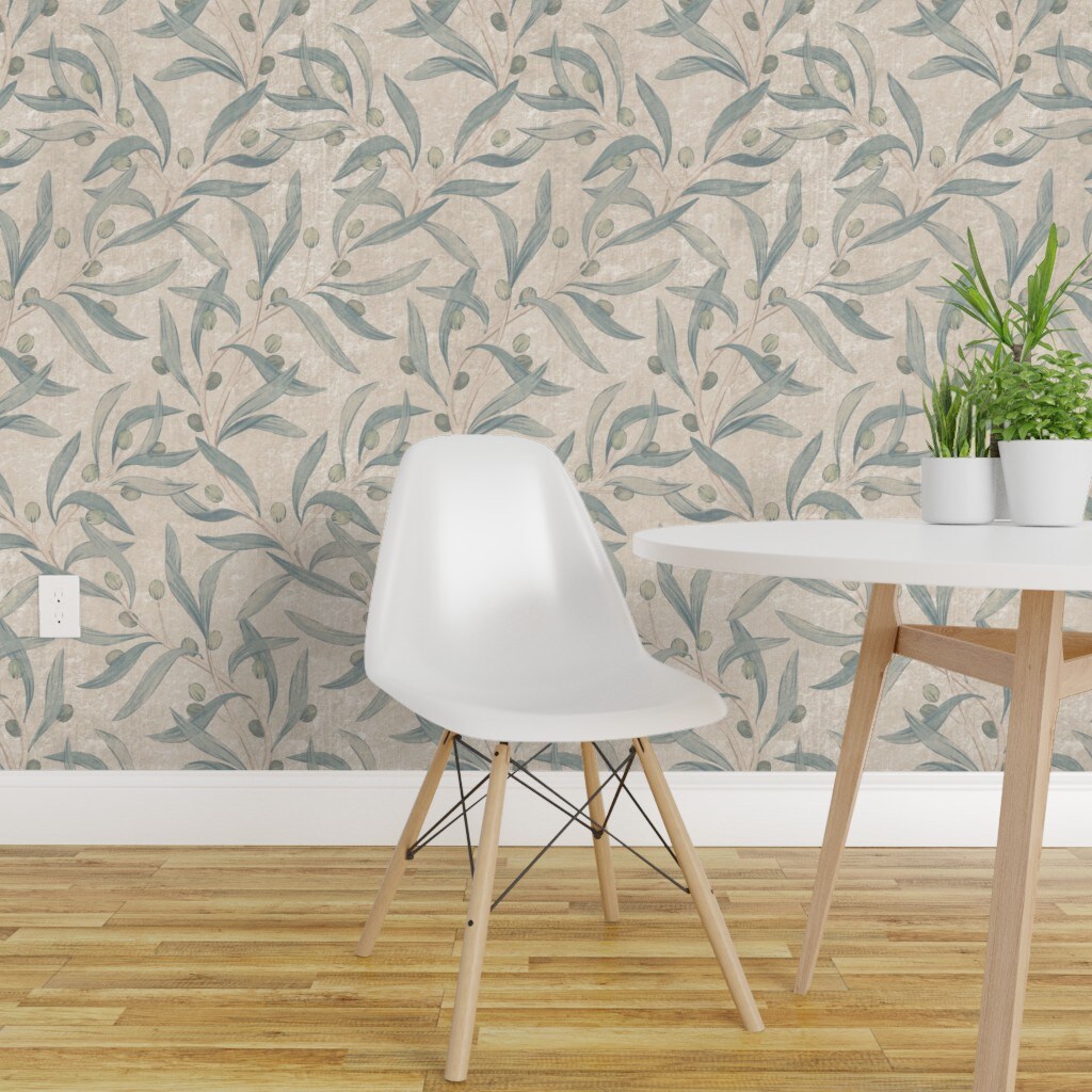 Peel &#x26; Stick Wallpaper 2FT Wide Sage Green Antique Plants Neutral Garden Italian Historical Hand Painted Olives Roman Villa Fresco Floral Botanical Large Scale Custom Removable Wallpaper by Spoonflower