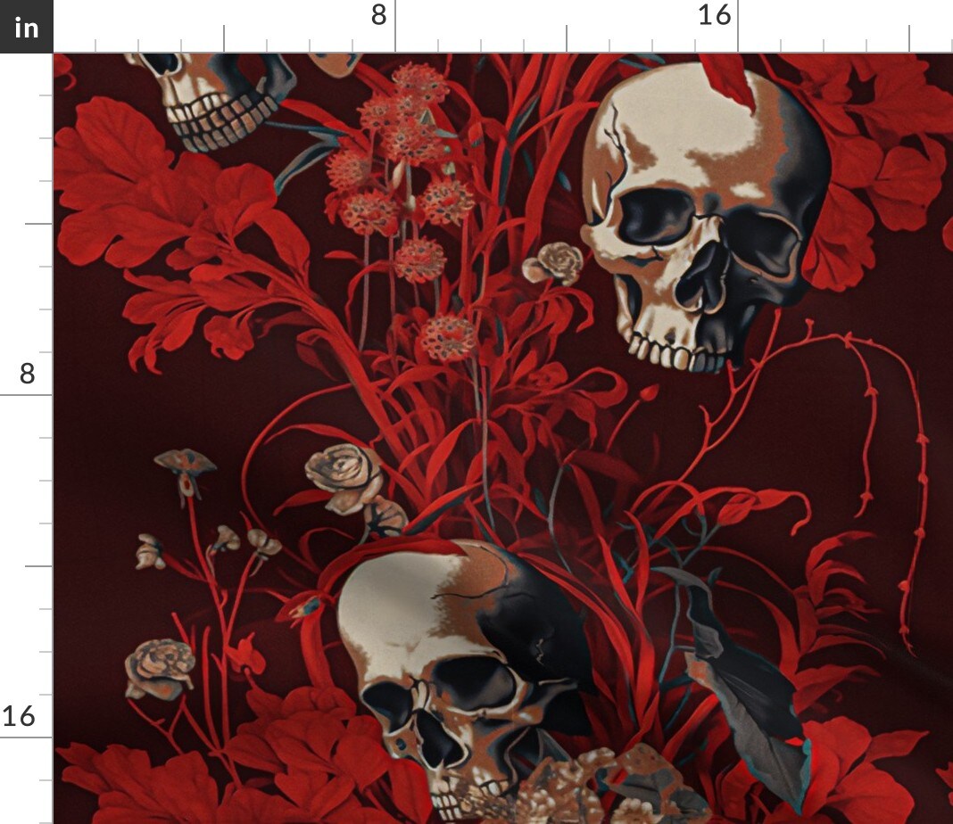 Spooky Floral Maroon Red Large Scale Skulls Vines Custom Printed Fabric by Spoonflower Various Fabrics by the Yard or Fat Quarter