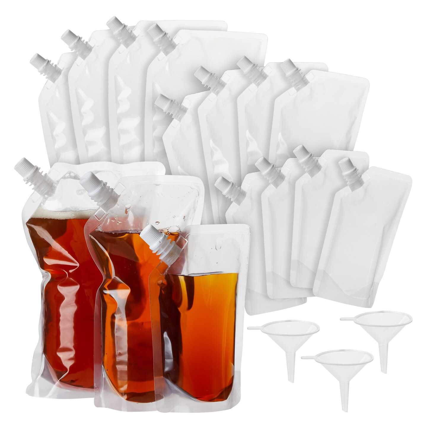 30 Pack Reusable Adult Plastic Drink Pouches with Funnels for Juice, Soda, Liquor (8, 16, 32 Ounces)