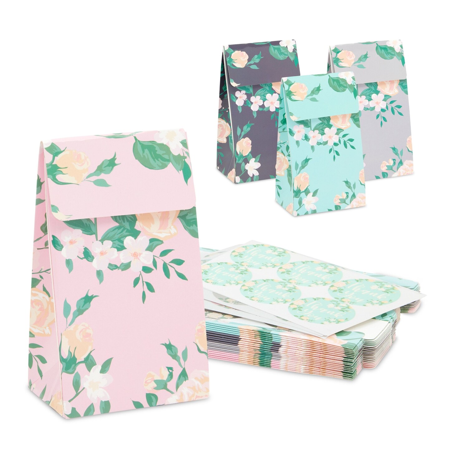 Vintage Floral Party Favor Gift Bags with Thank You Stickers, 4 Colors (24 Pack)