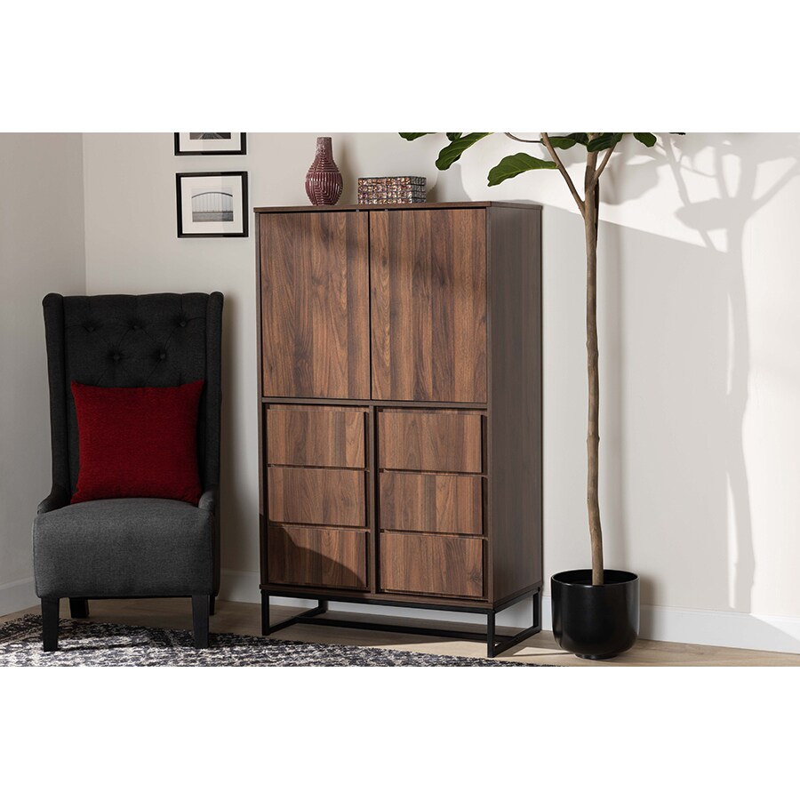 Wholesale Interiors Baxton Studio Neil Modern and Contemporary Walnut Brown Finished Wood and Black Finished Metal Multipurpose Storage Cabinet