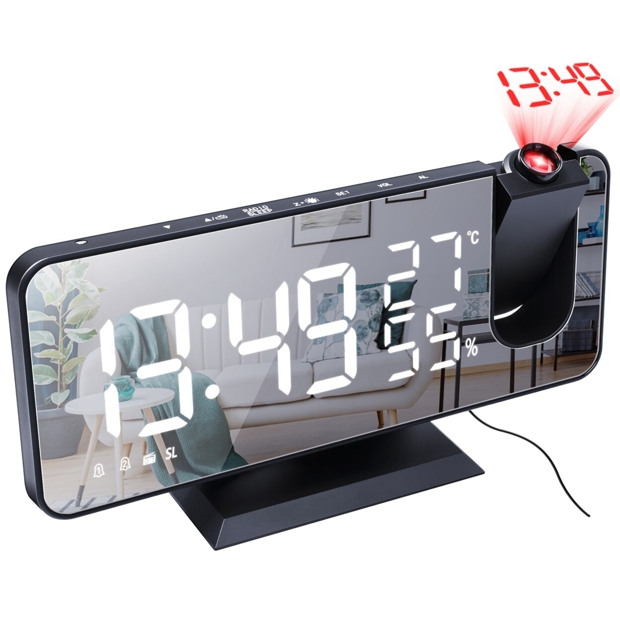 Projection Alarm Clock With Fm Radio Dual Alarms Usb Charging 7.5 Inch Mirror Led