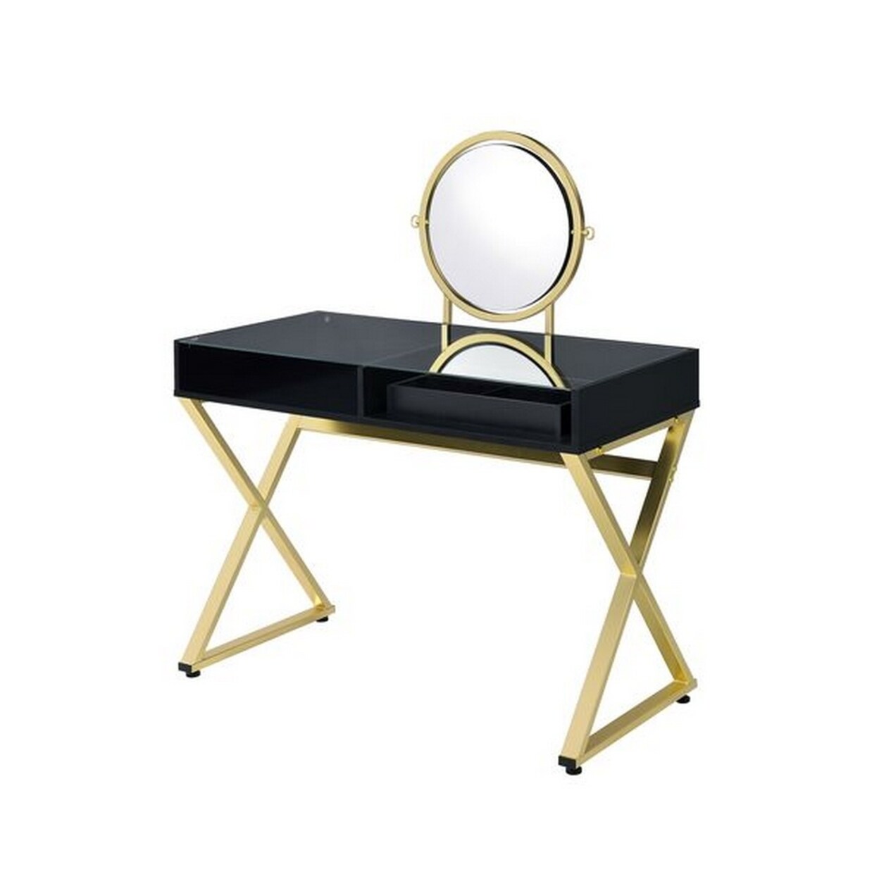 Saltoro Sherpi Vanity Desk with Round Mirror and Cross Metal Legs, Black and Gold-