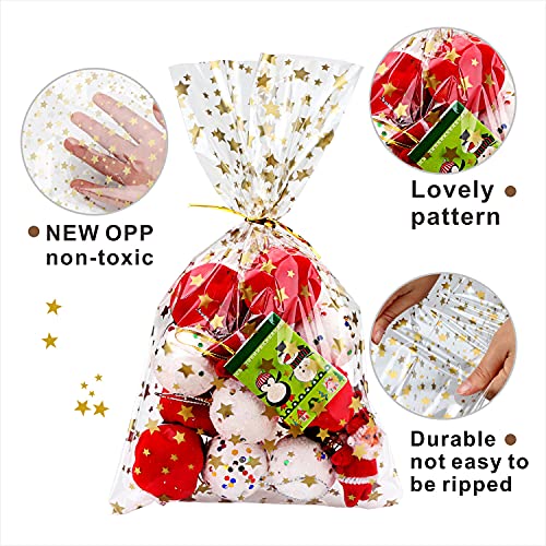 100 Pieces Clear 5"X 11" Flat Gift Wrap Cellophane Bags Cello Bags Cookie Bags Treat Bags with Twist Ties Poly Bag 1.3 mil for Bakery, Cookie, Candies Gold Star Printed