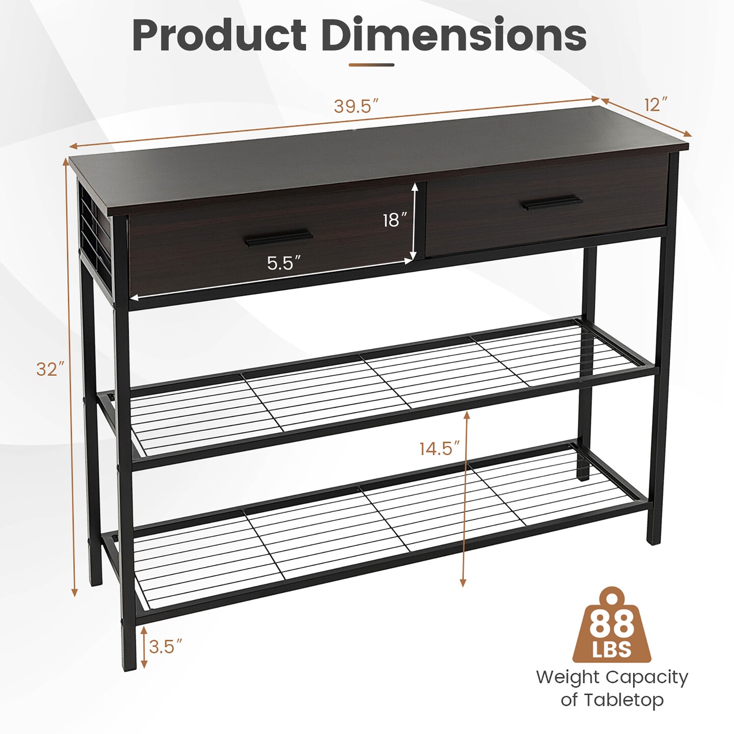 Costway Console Entryway Sofa Table with 2 Drawers for Entrance Living Room Rustic Brown/Walnut