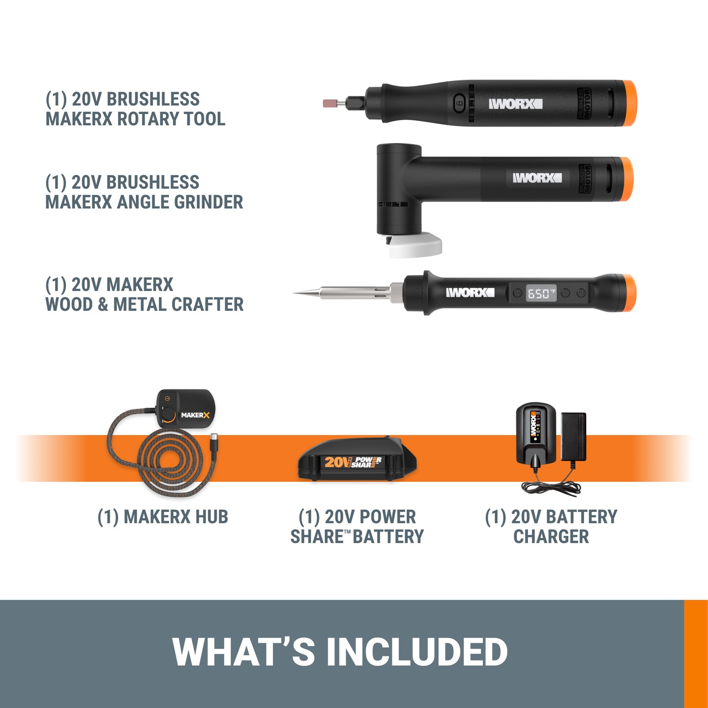 Worx MAKERX WX991L 3pc Crafting Tool Combo Kit - Rotary Tool + Angle Grinder + Wood &#x26; Metal Crafter