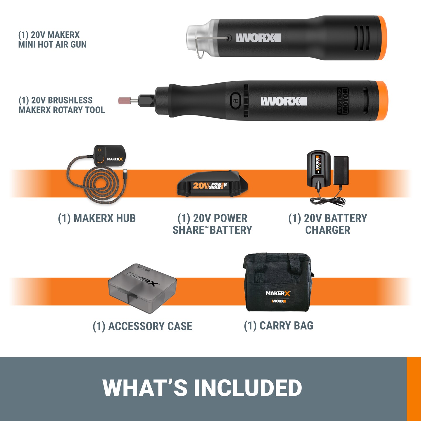 Worx MakerX WX989L 20V 2-Pc Combo Kit - Rotary Tool &#x26; Heat Gun w/ 42 Accessories