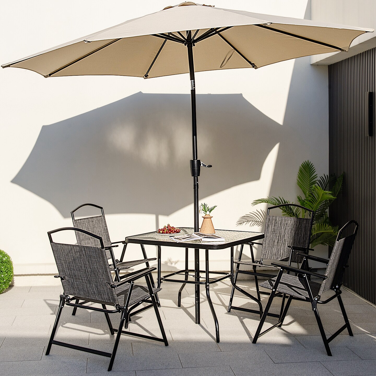 Costway 34 Inch Outdoor Dining Table Square Tempered Glass Table with 1.5&#x22; Umbrella Hole