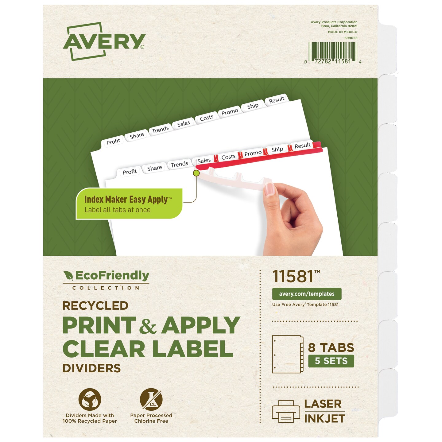 Avery EcoFriendly Recycled Dividers for 3 Ring Binders, 8-Tab, White Tabs, Index Maker Print and Apply Clear Label Strip, 5 Sets for 40 Binder Dividers Total (11581)