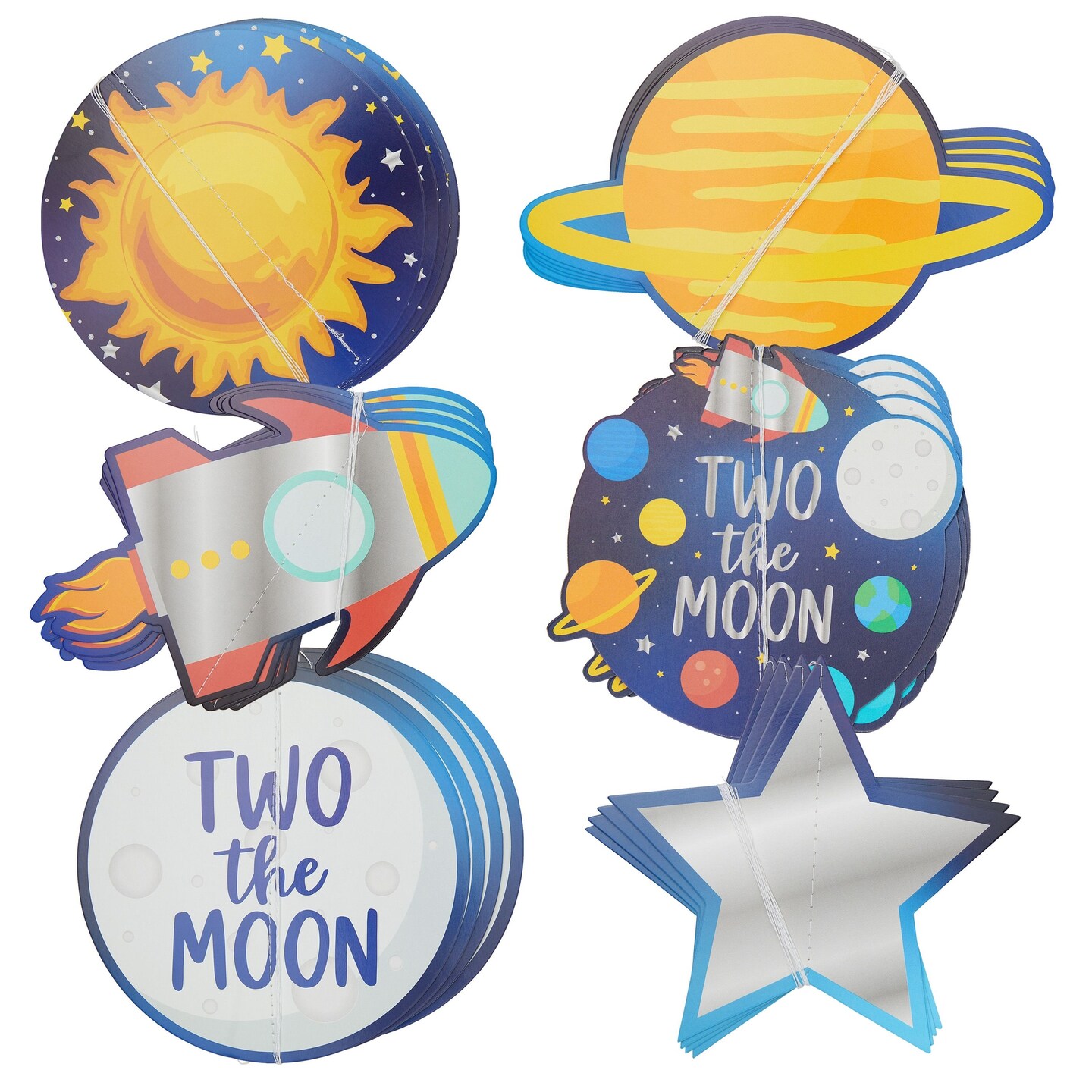 24 Piece Hanging 3D Outer Space Party Decorations, Two The Moon Space Themed Party Supplies (6-8 In)