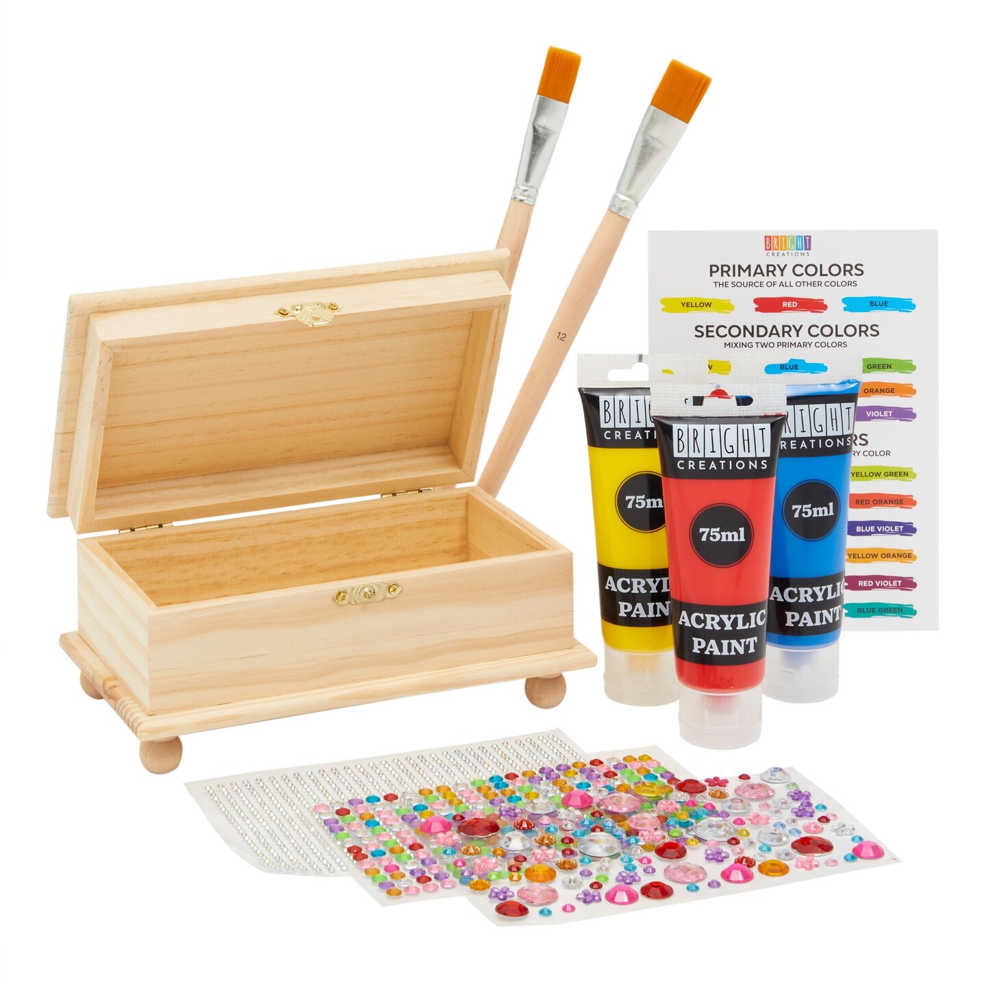 1 Unfinished Wooden Box with Gold Clasp, 3 Acrylic Paint Tubes, 2