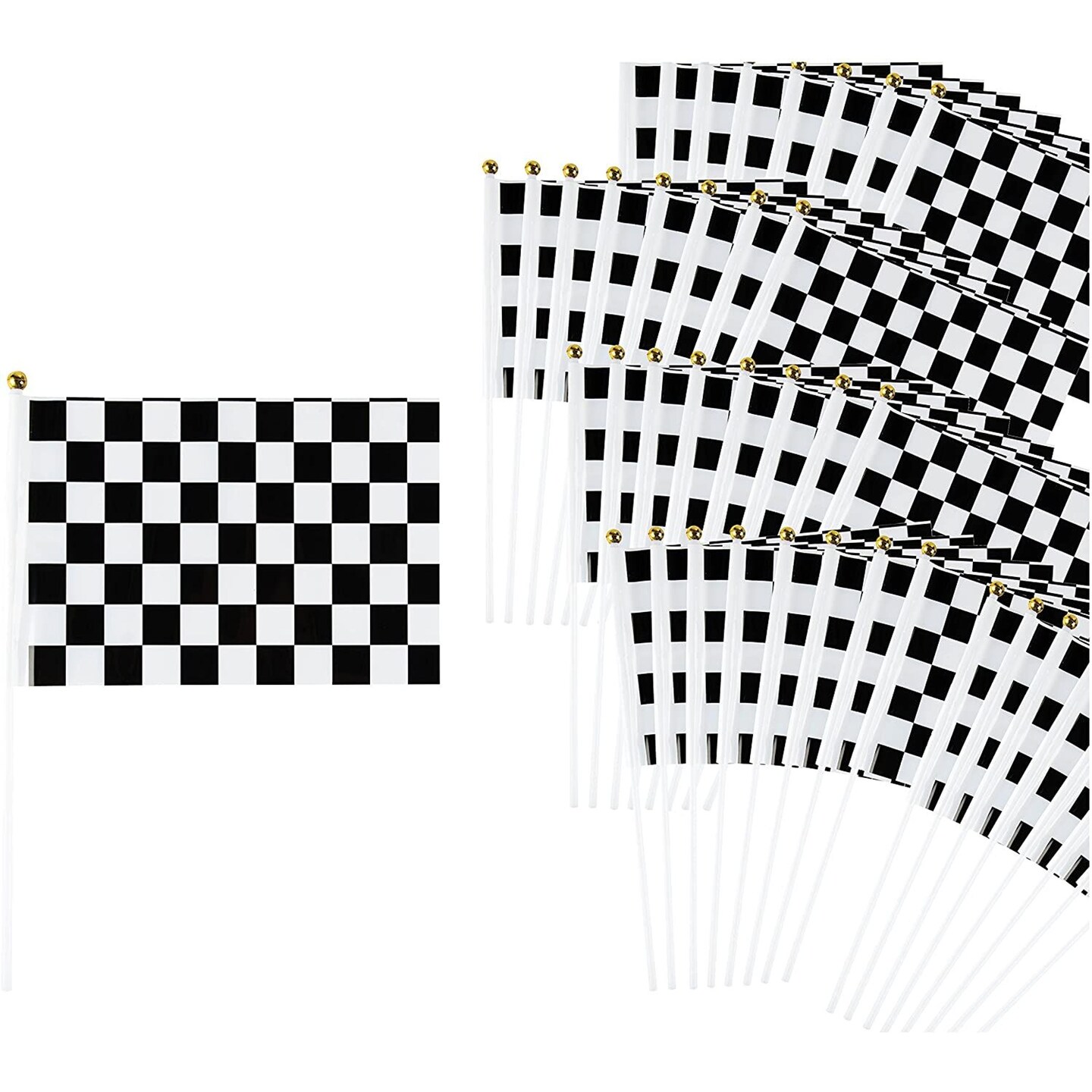 Checkered Flag - 50-Pack Racing Flags on Plastic Sticks, Hand Flags for Race Car Birthday Party Favors, Black and White, 8.2 x 12 Inches