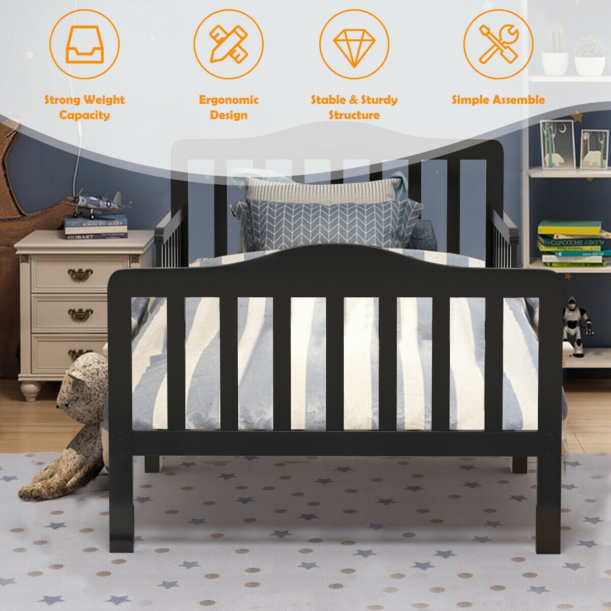 Classic Design Kids Wood Bed Frame with Two Side Safety Guardrails
