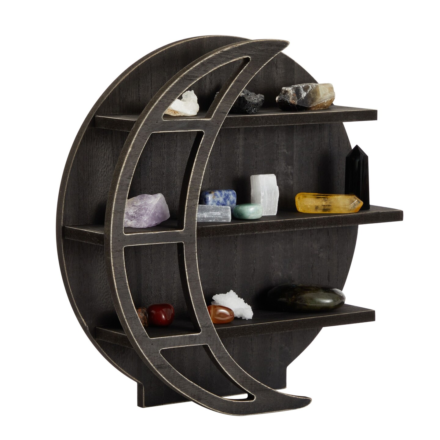 Wooden Moon Shelf, Rustic-Style Home Wall Decor, 12x12x3-Inch Crystal Holder for Stones Display and Essential Oils (Black)