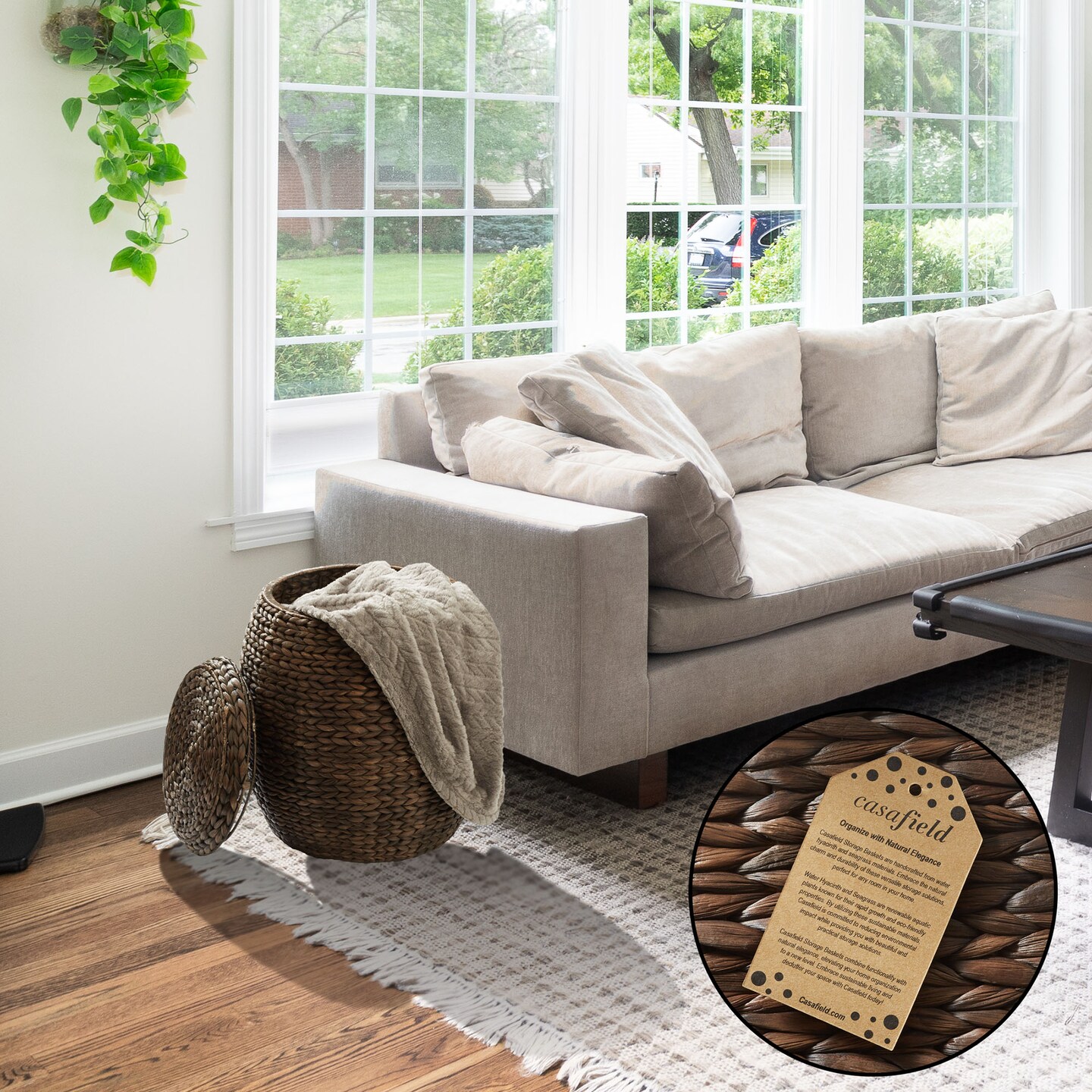 Casafield Round Storage Basket with Lid, Handwoven Water Hyacinth Organizer for Laundry, Blankets, Plants, Bedroom, Living Room, Home Office