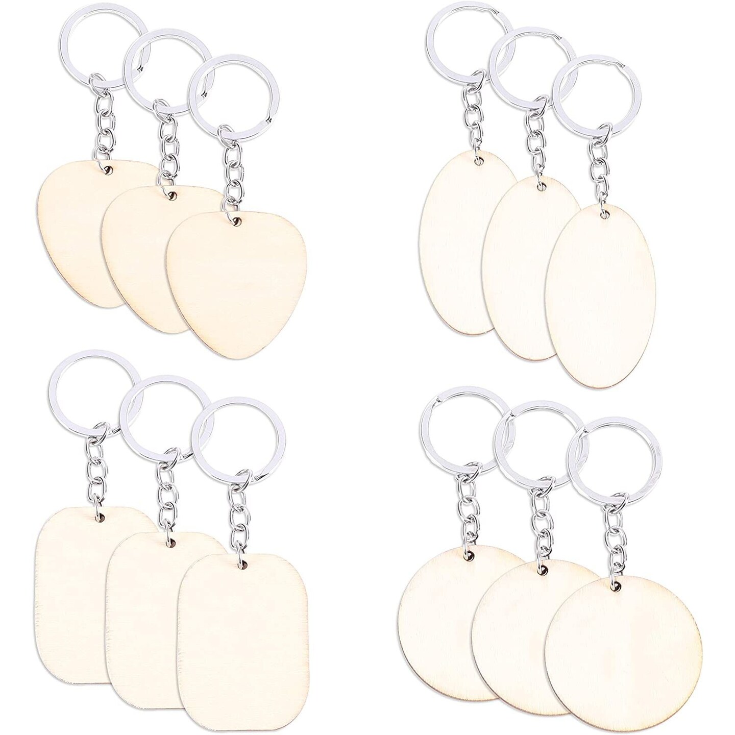 Wood Keychain Blanks, Round, Oval, Heart, and Rectangle for Crafts (12 Pack)