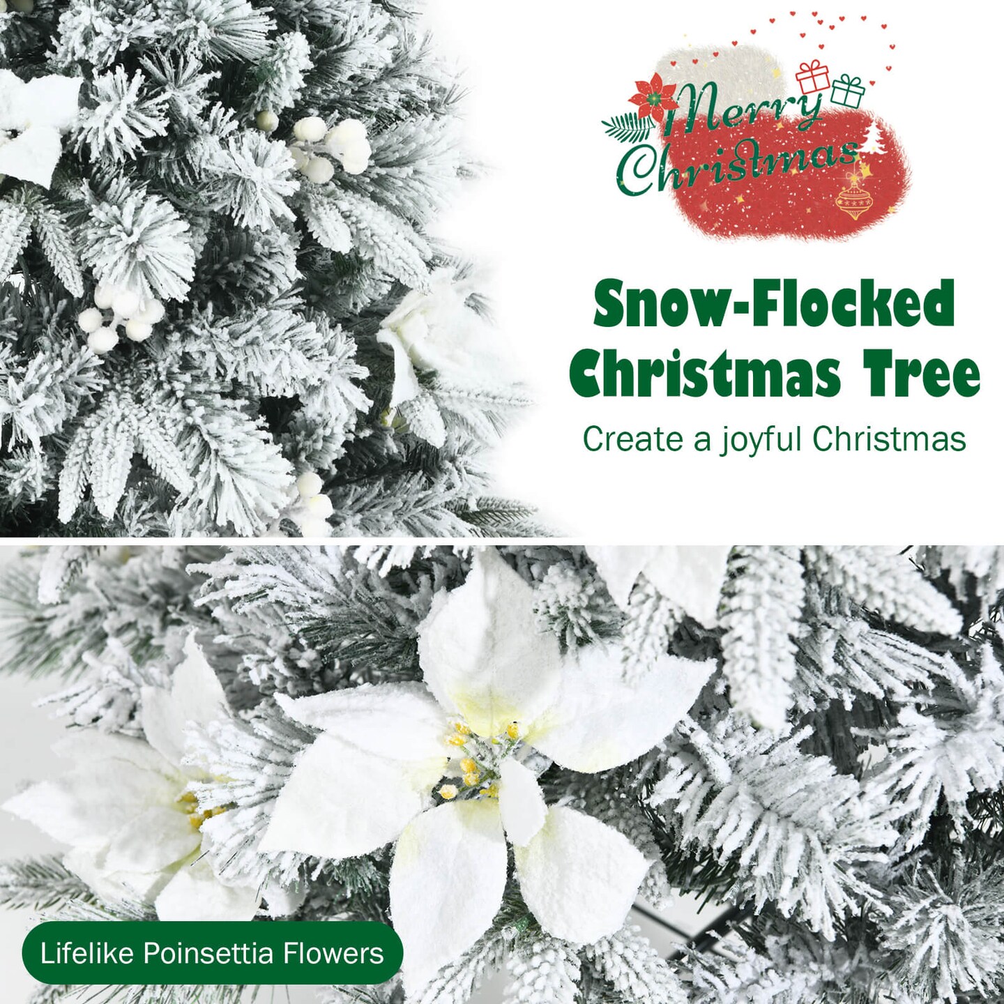 Snow Flocked Christmas Pencil Tree with Berries and Poinsettia Flowers