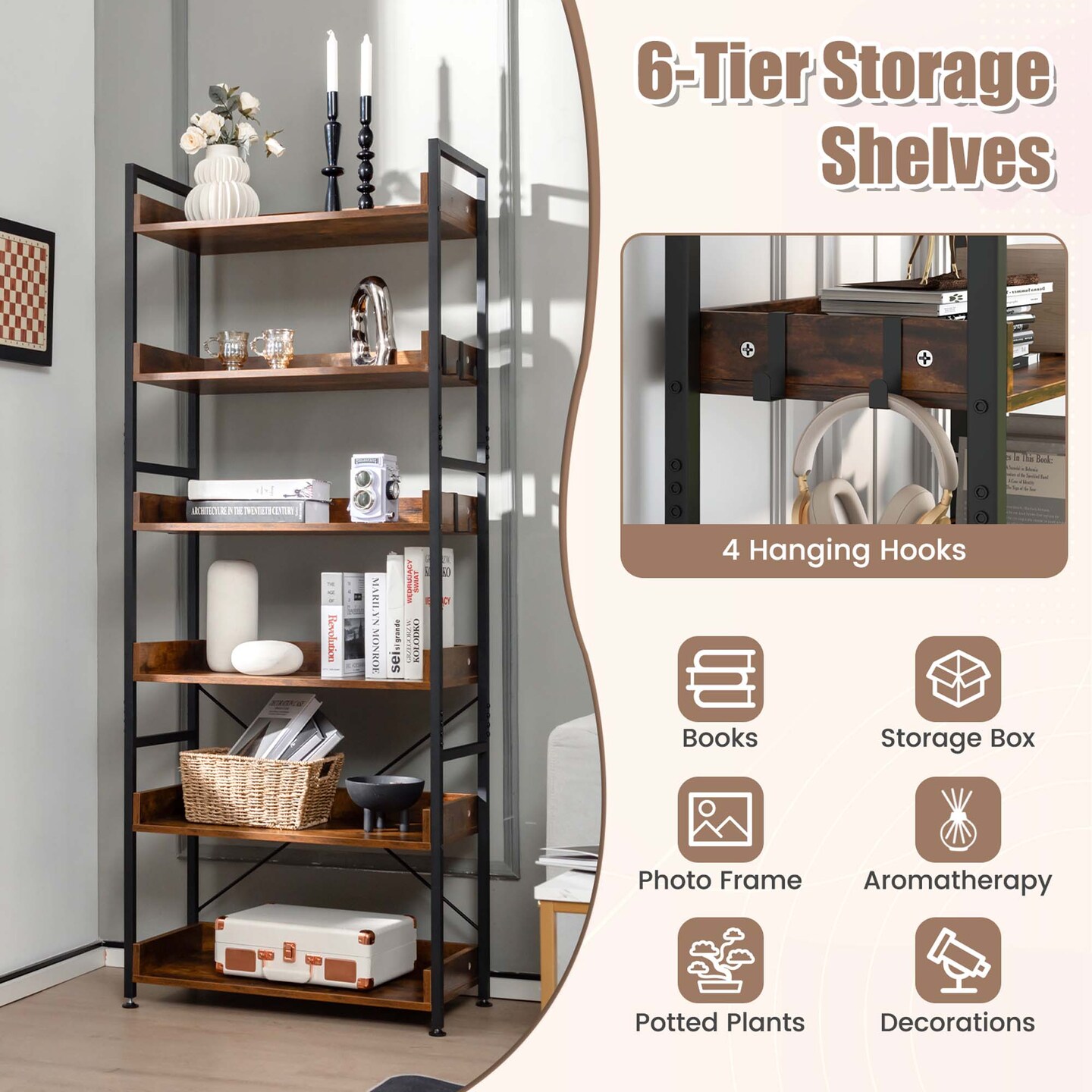 Costway 2 PCS 6-Tier Bookshelf Open Display Shelves Storage Rack Metal Frame with 4 Hooks