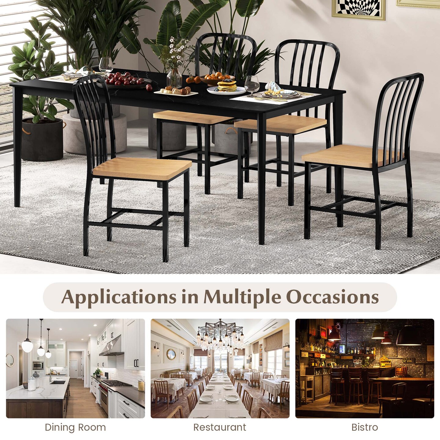Costway Dining Chairs Set of 2 High Back Navy Chairs Metal Frame Footrests Kitchen Black/White