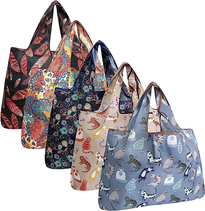 Wrapables Large Foldable Tote Nylon Reusable Grocery Bags, 5 Pack