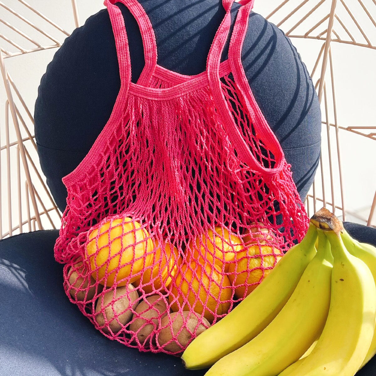 Wrapables Cotton Mesh Net Shopping Bag, Grocery Bag for Vegetables, Produce (Set of 3), Hot Pink, Beige, Teal