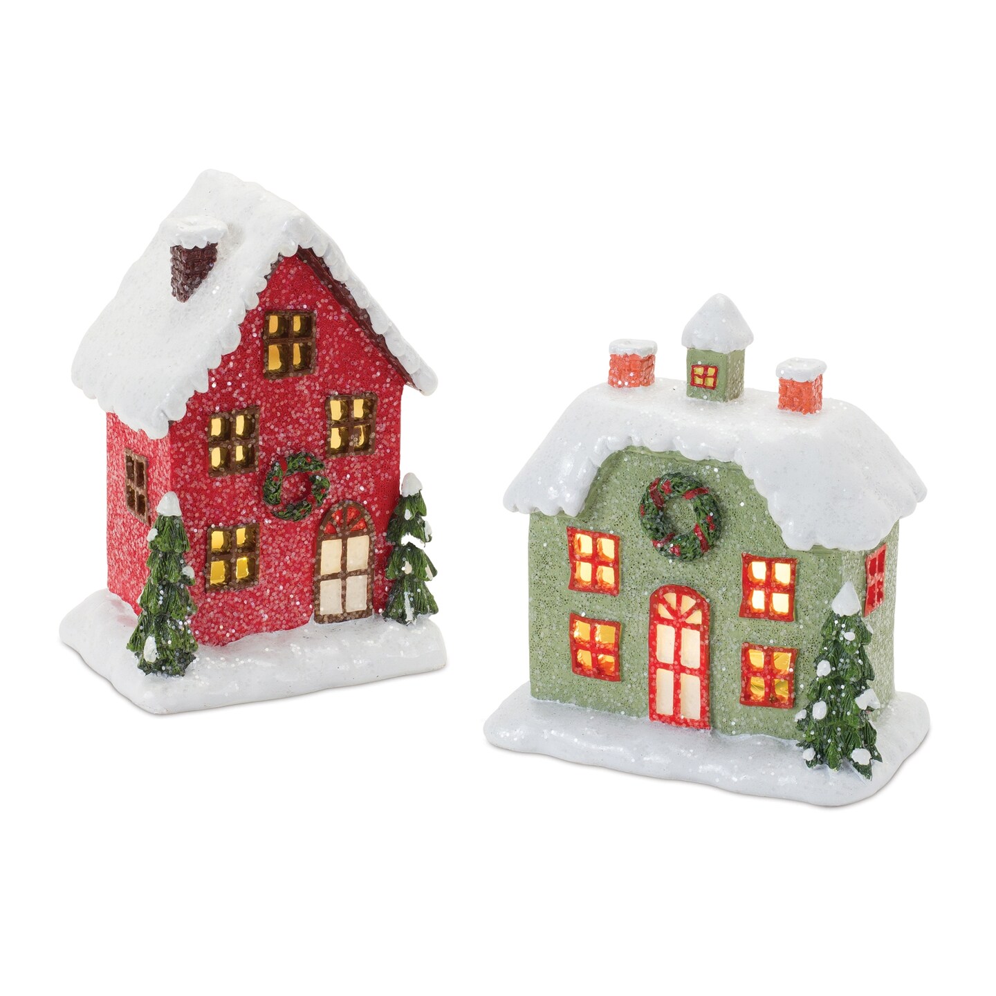 Melrose Set of 2 Red and Green LED Lighted Winter Christmas Village