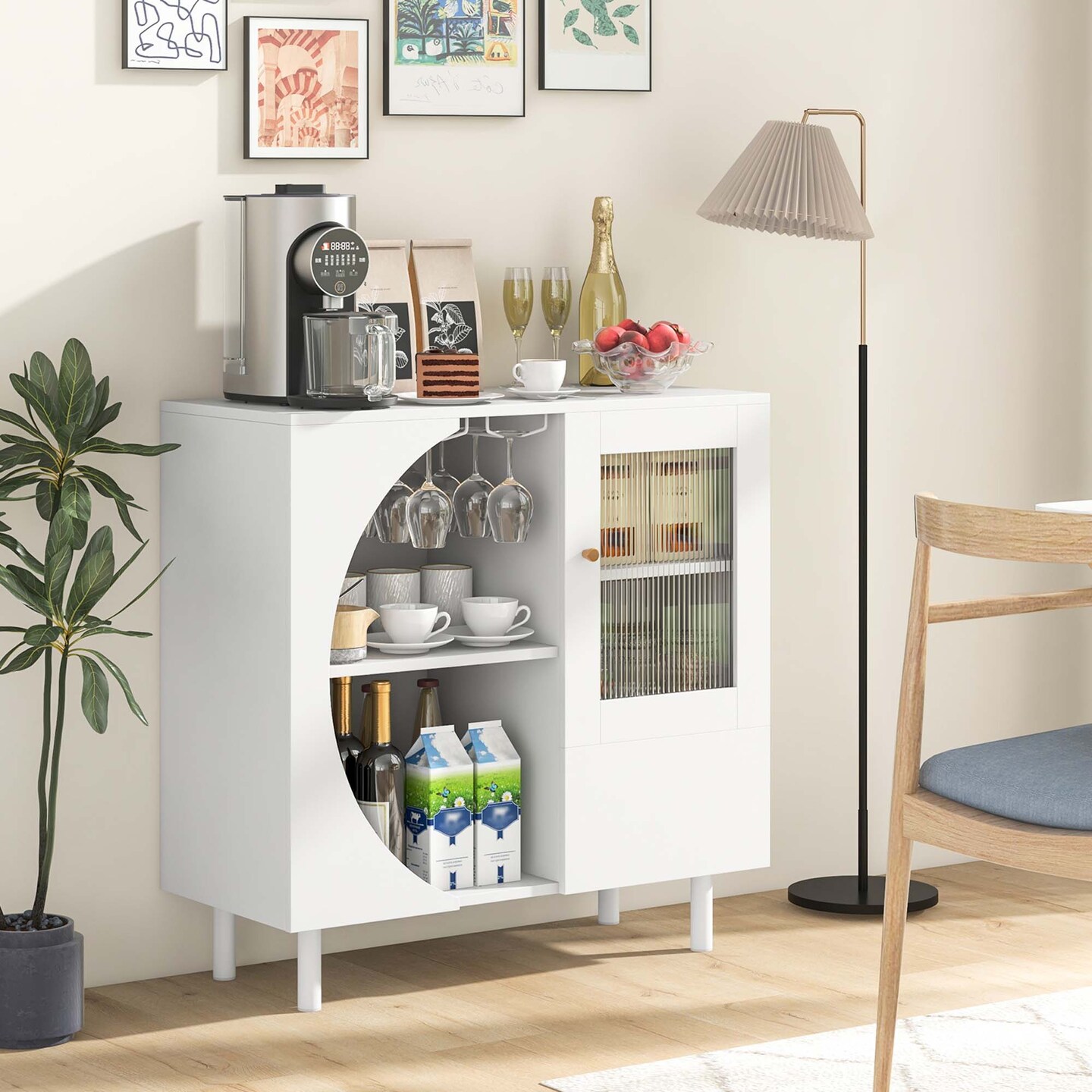 Costway Kitchen Sideboard Wooden Buffet Cabinet with Glass Holder &#x26; Tempered Glass Doors