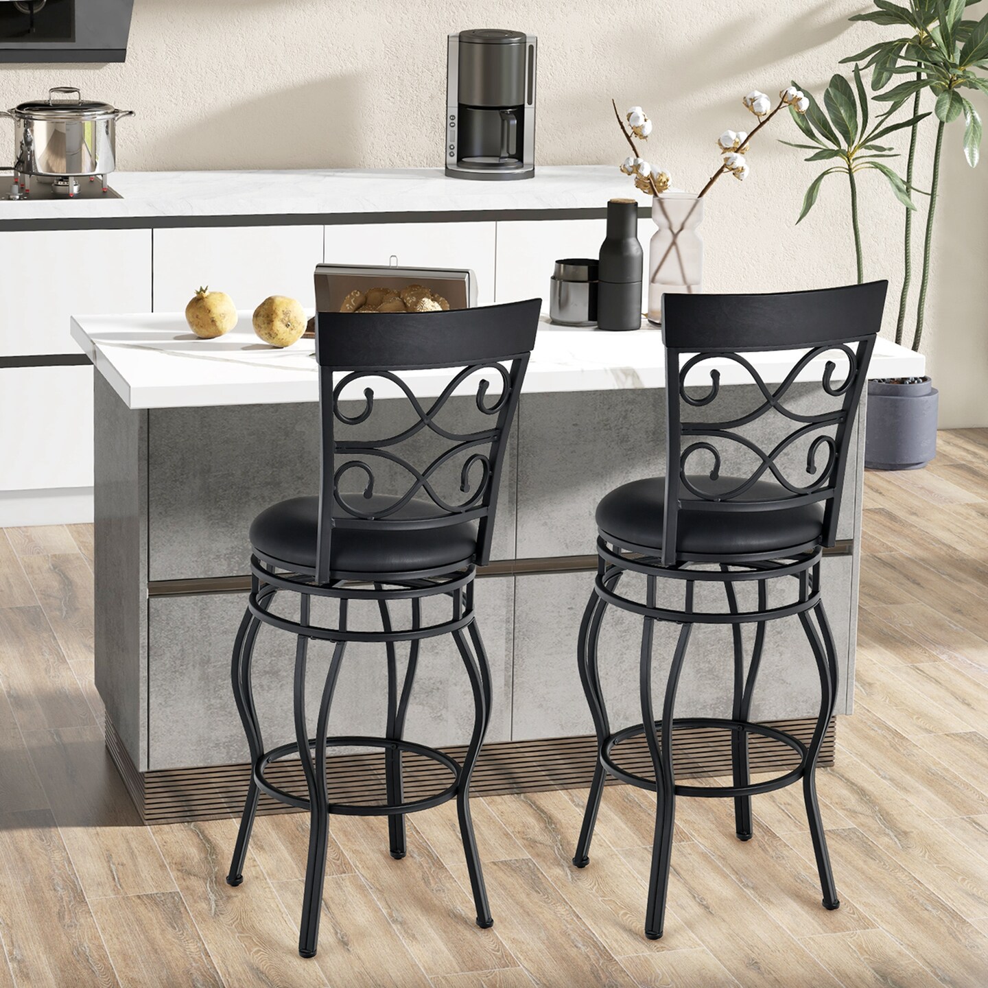 Costway Set of 2/4 Vintage Swivel Bar Stools 30&#x27;&#x27; Bistro Upholstered Dining Chairs Black