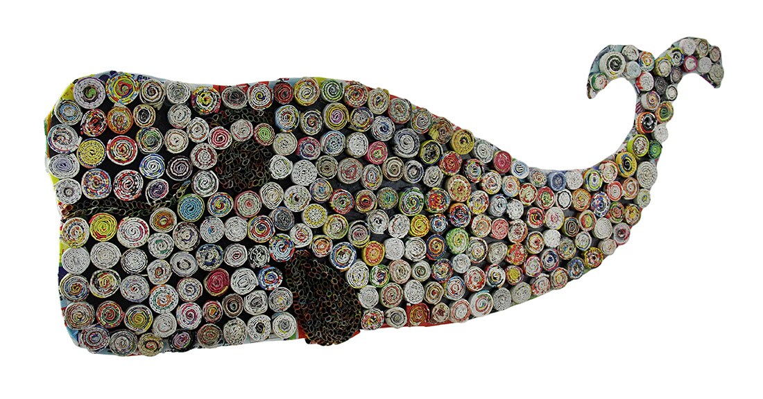 Colorful Wound Whale Recycled Rolled Paper Art On Wood Wall Hanging 27 Inch