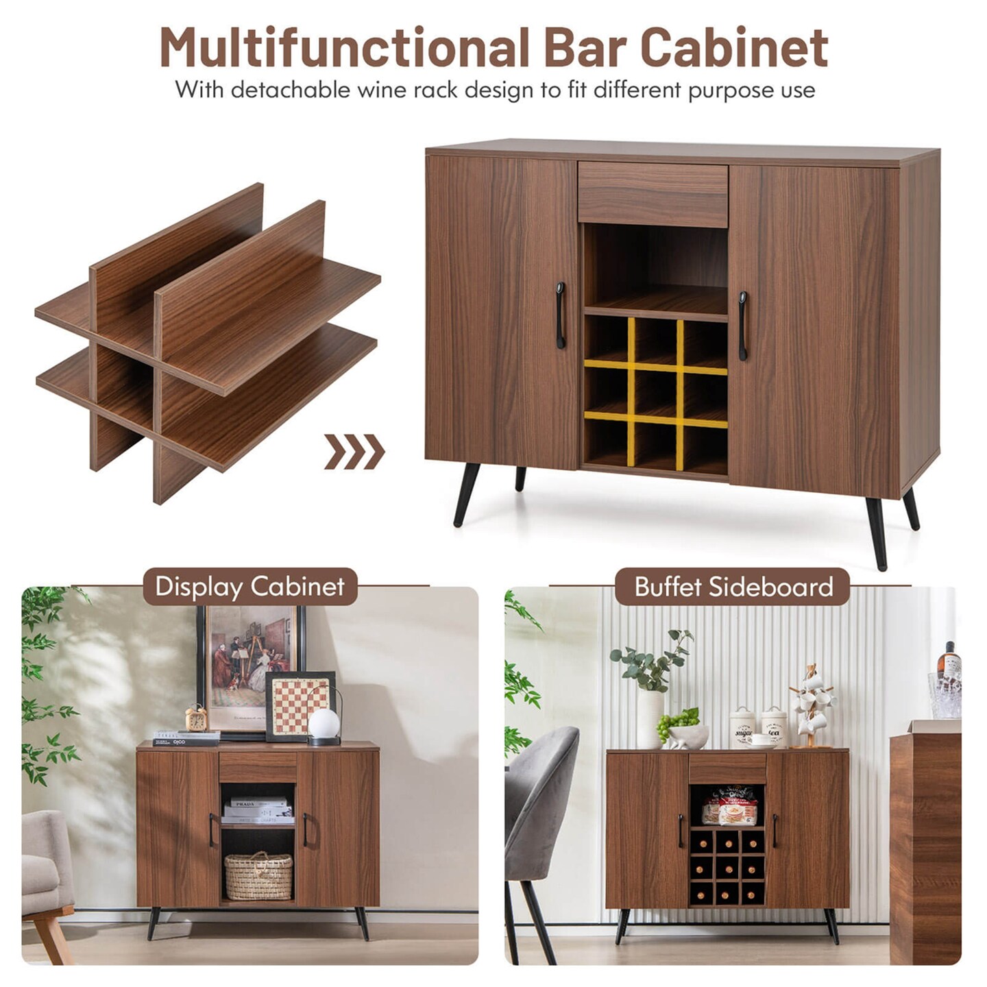 Costway Buffet Sideboard Cabinet Wine Bar Cabinet with Drawer &#x26; Adjustable Shelves