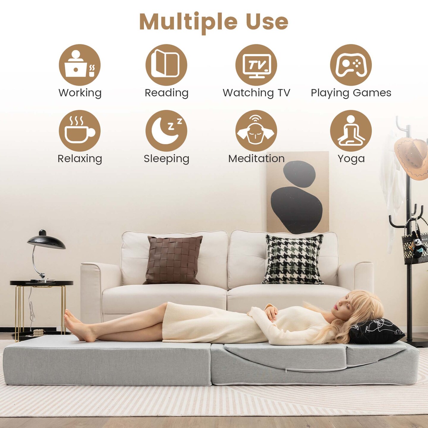 Costway 4-in-1 Convertible Folding Sofa Bed Floor Futon Sleeper Couch Chair Single Grey