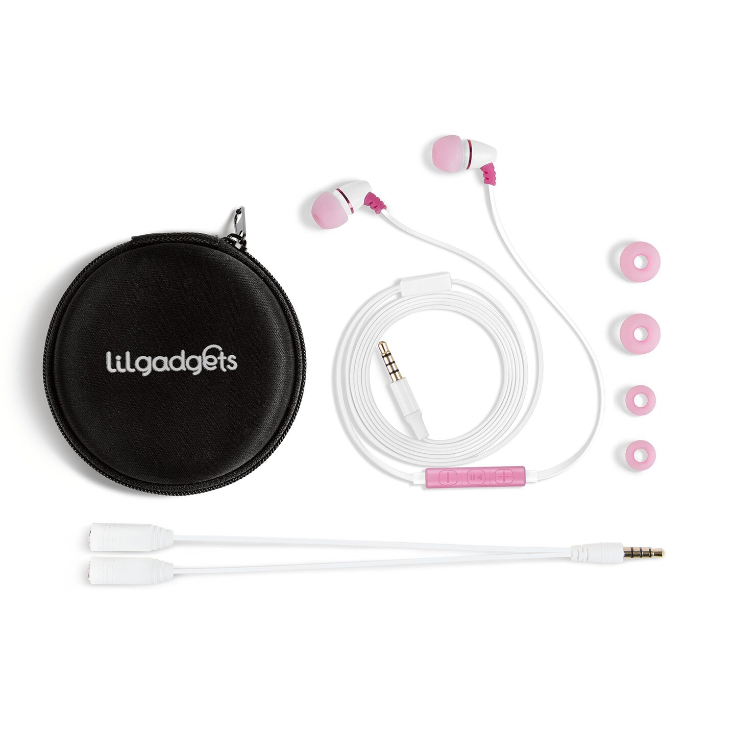 LilGadgets BestBuds Ear Buds for Kids for School - Safe &#x26; Comfortable, Volume Limited, Wired Earbuds for Kids with an in-Line Microphone, Travel Case, and Splitter - Pink