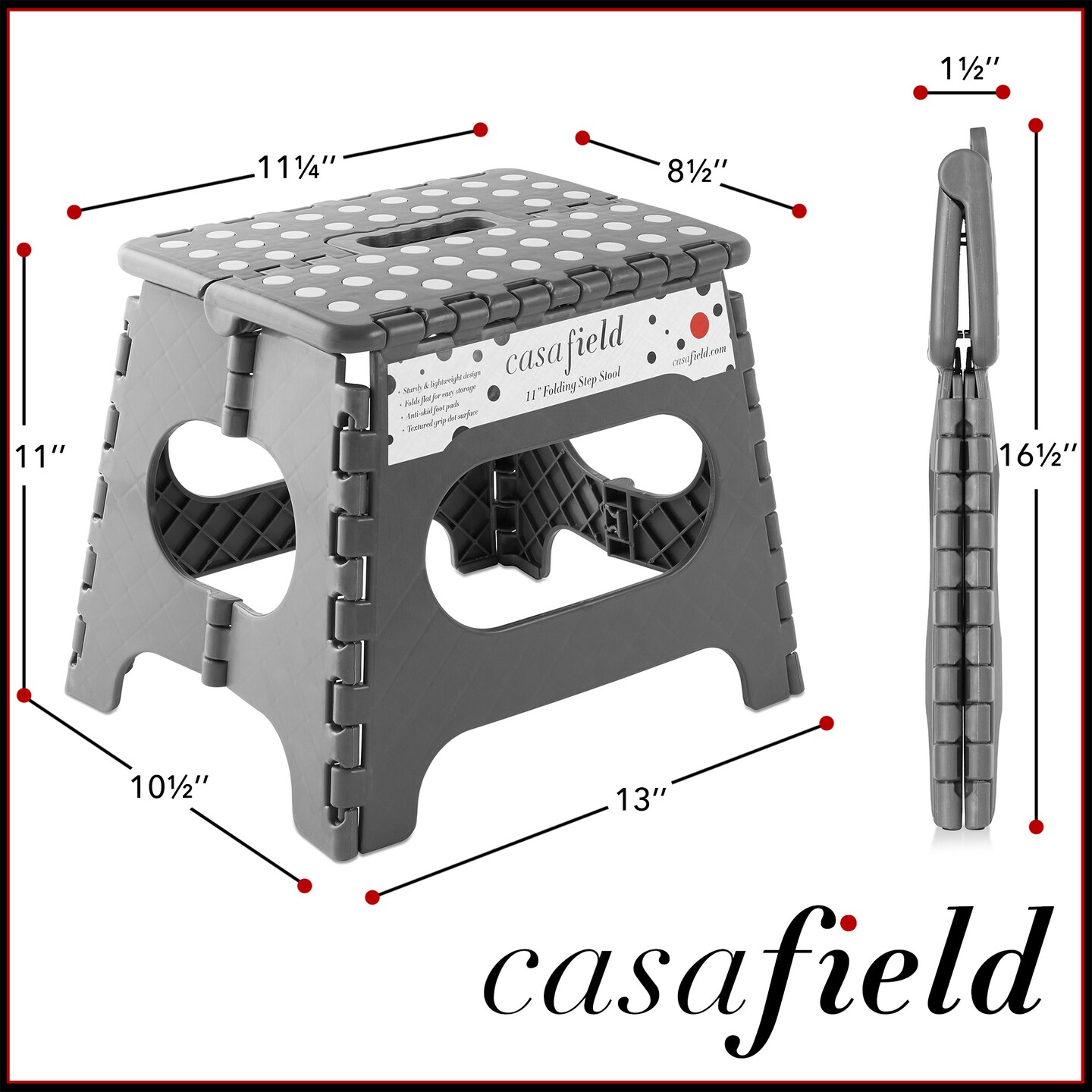 Casafield 11" Folding Step Stool with Handle, Gray - Portable Collapsible Small Plastic Foot Stool for Kids and Adults - Use in the Kitchen, Bathroom and Bedroom