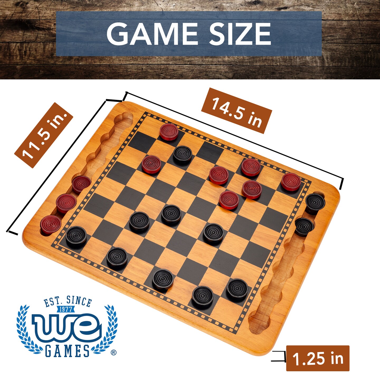 WE Games 14 in. Red and Black Solid Wood Checkers Set, Grooves in Board
