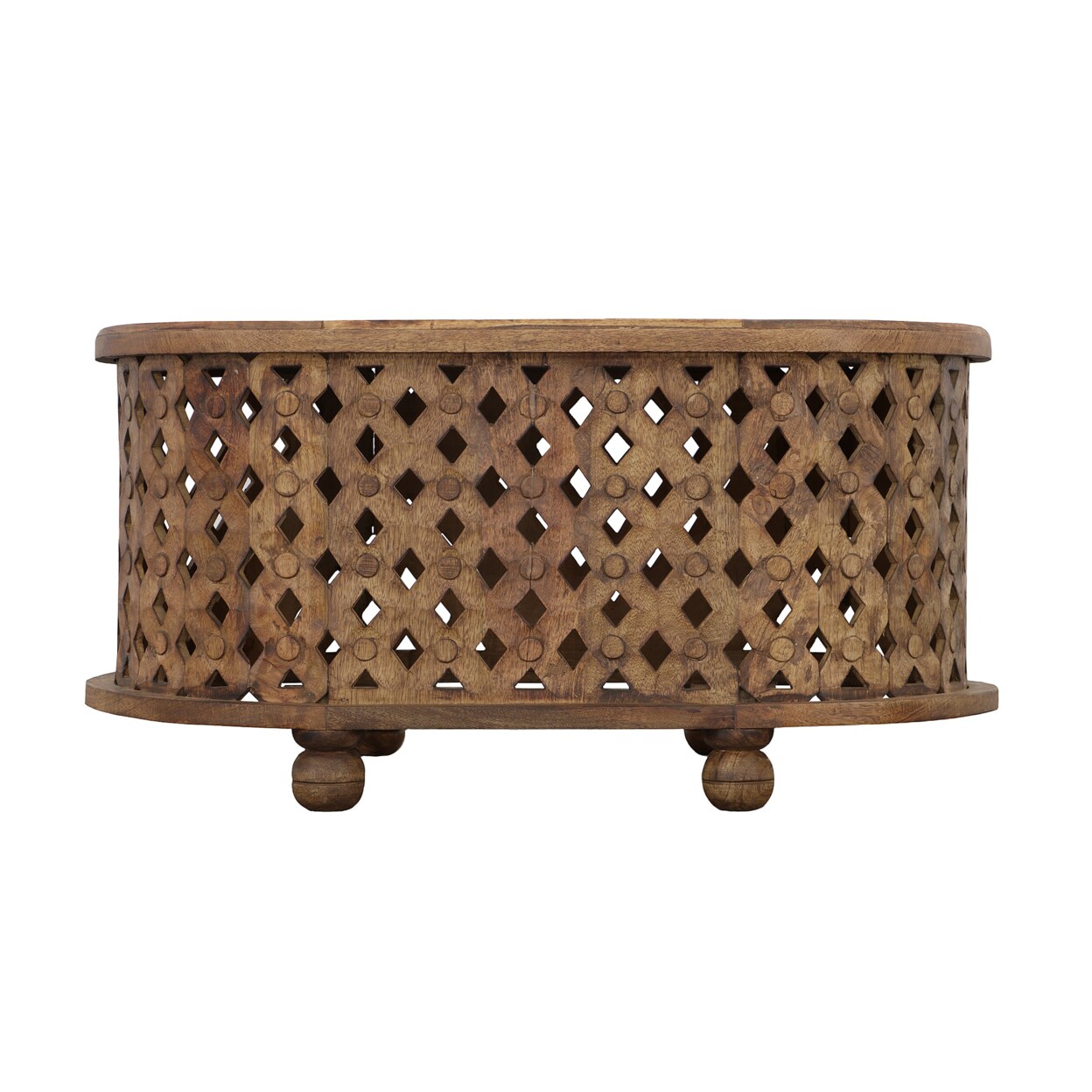 Saltoro Sherpi 36 Inch Handcrafted Oval Coffee Table, Intricate Cutout Design, Antique Brown-