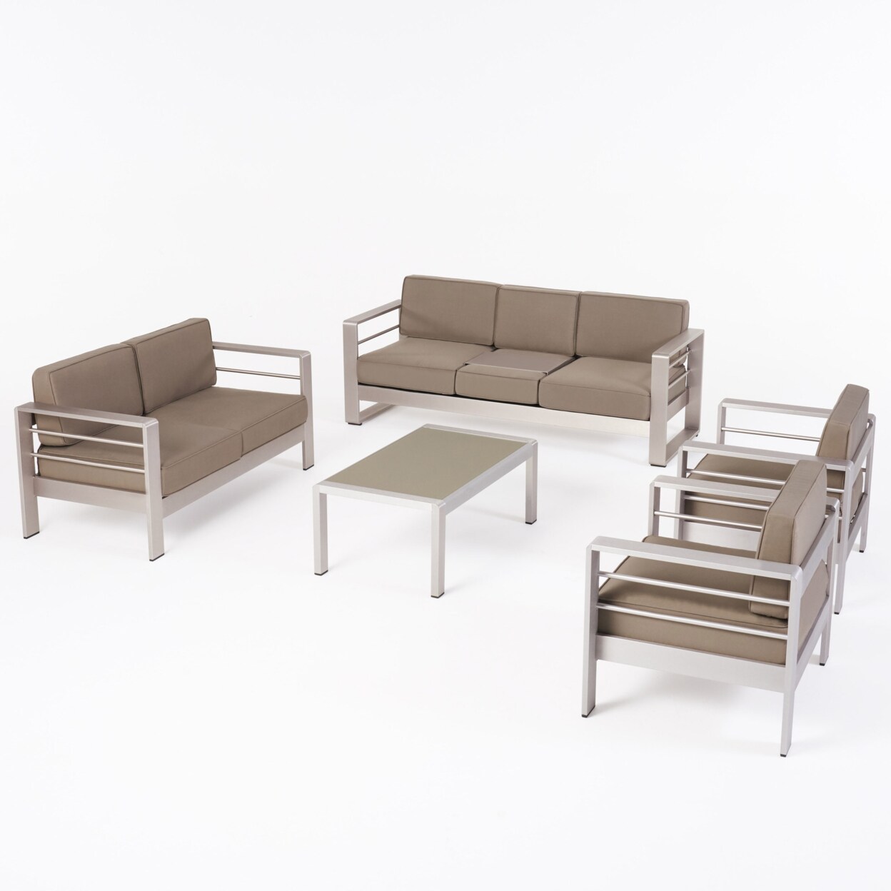 GDF Studio Cape Coral Outdoor 7-Seater Aluminum Patio Sofa Set with Coffee Table Silver and Khaki