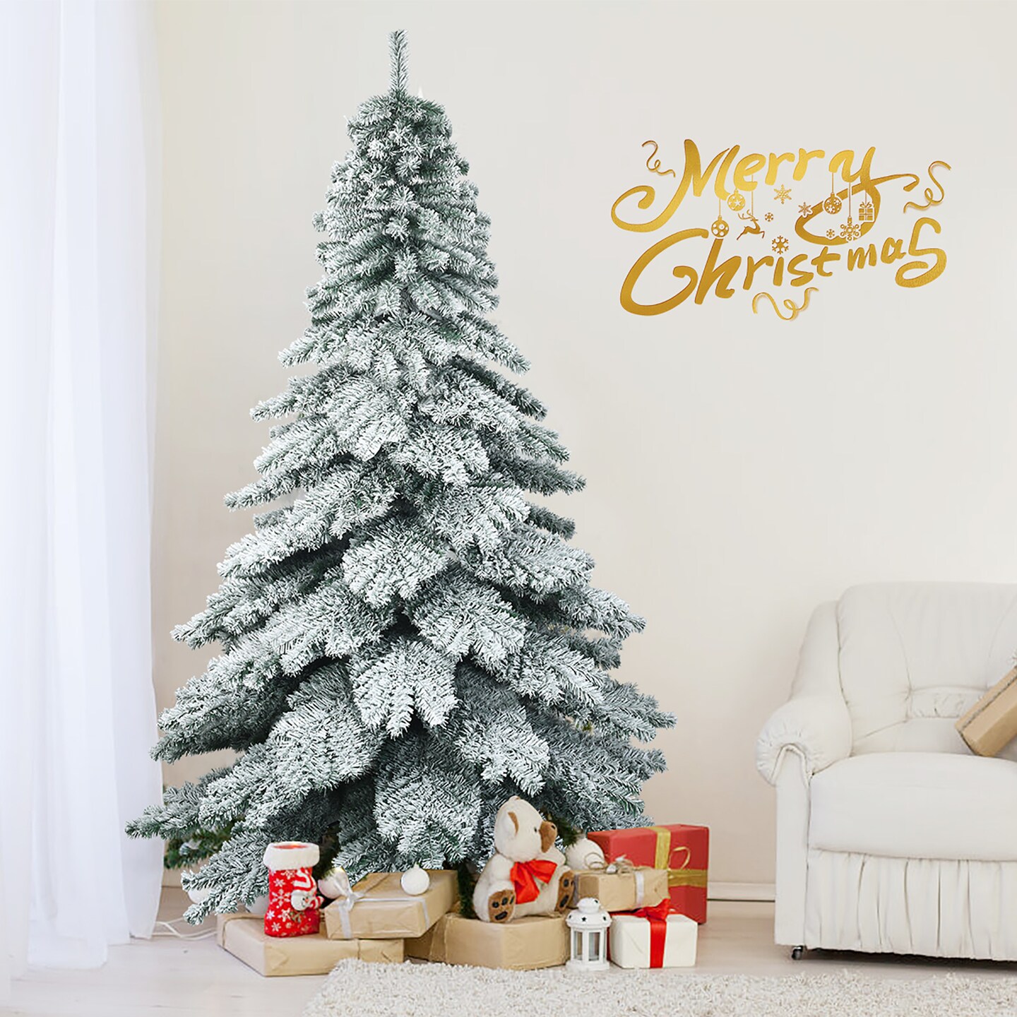 Costway 7.5 ft Snow Flocked Artificial Christmas Tree Hinged Alaskan Pine Tree Holiday