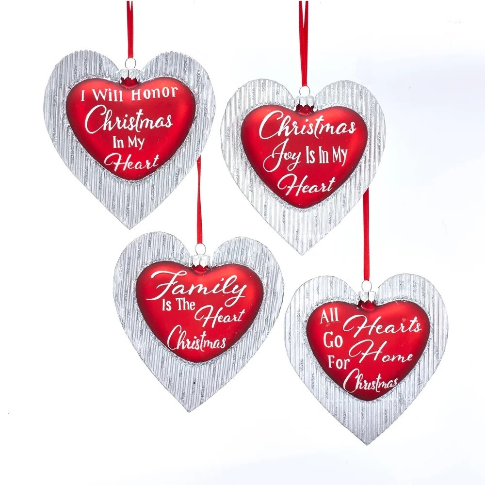 KSA Pack of 12 Silver and Red Heart with Sayings Christmas Ornaments 5"