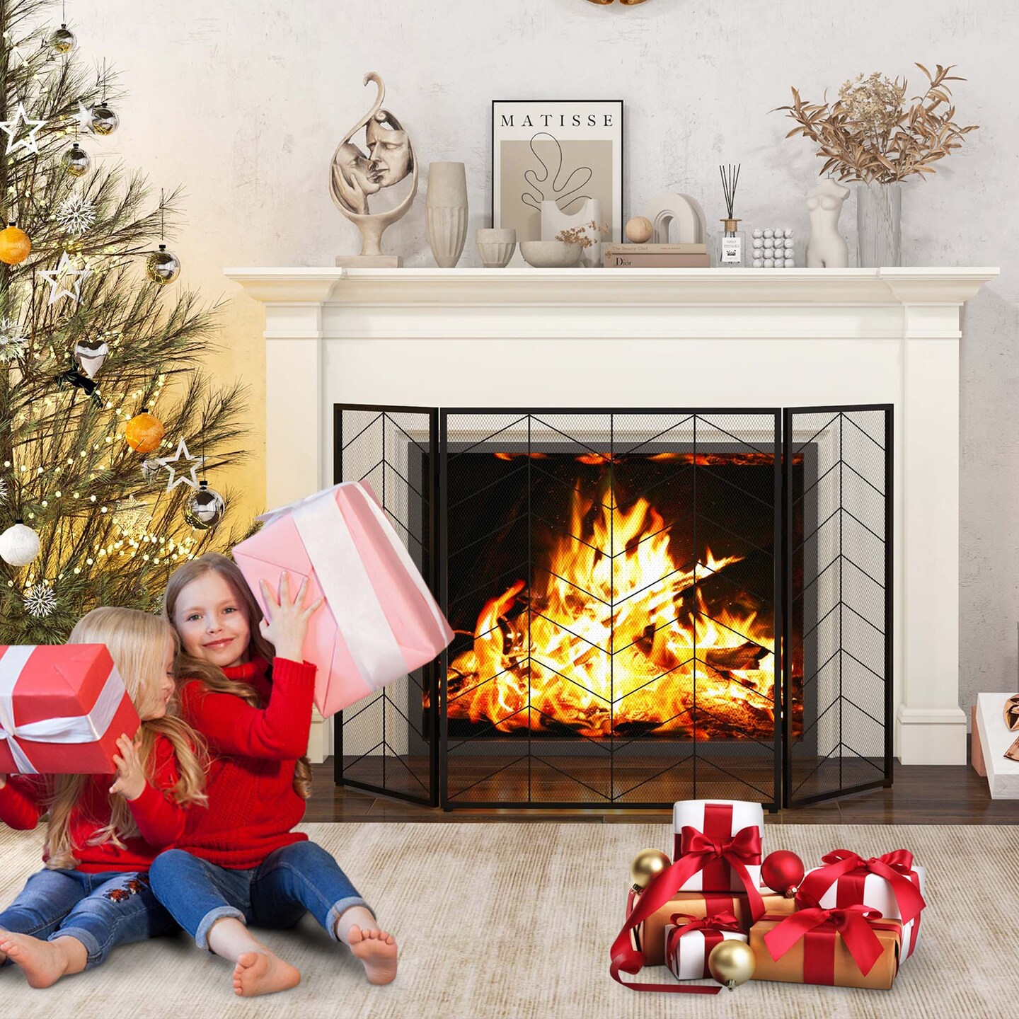 Costway 52 x 31 Inch Fireplace Screen 3-Panel Spark Guard with Chevron Herringbone Pattern