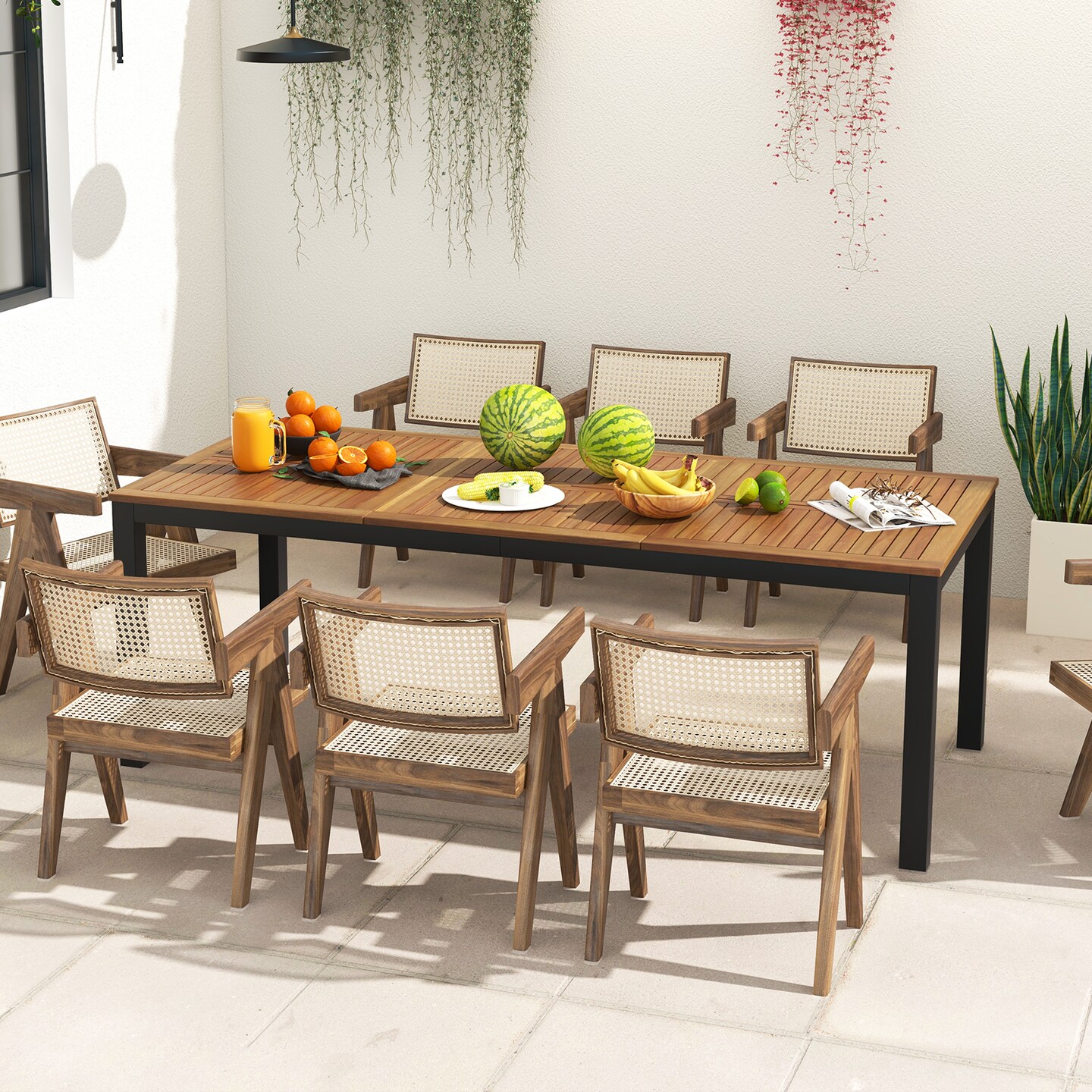 Costway 79&#x22; Acacia Wood Patio Table 8-Person Outdoor Dining Table with Umbrella Hole