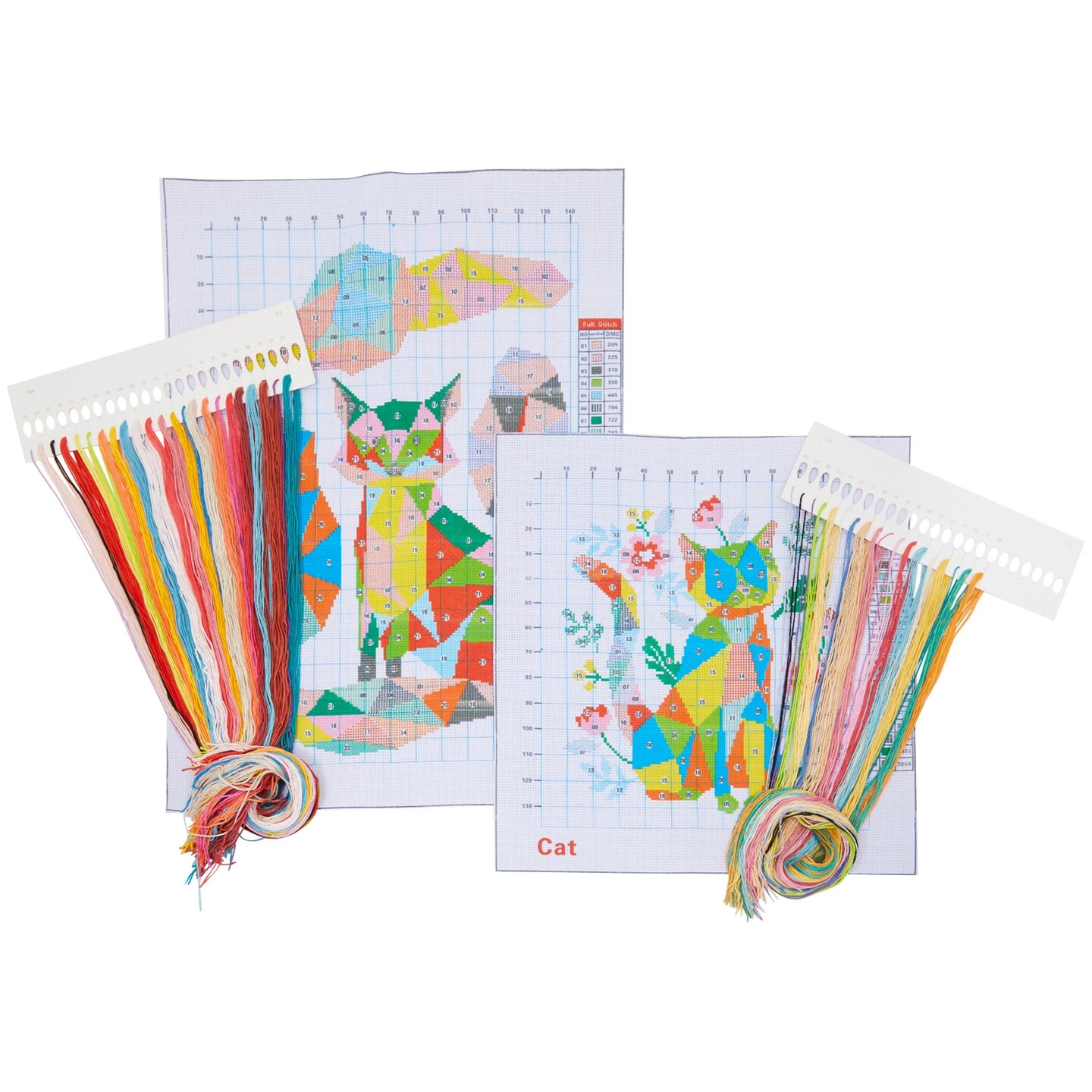 Pack of 2, Fox and Cat Stamped Counted Cross Stitch, Embroidery