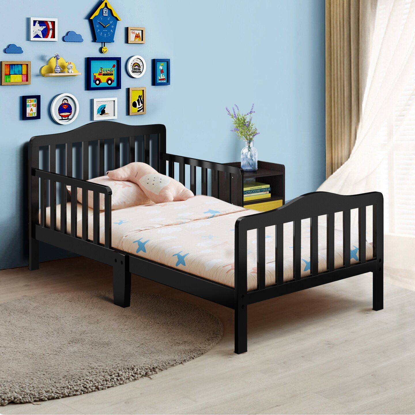 Classic Design Kids Wood Bed Frame with Two Side Safety Guardrails