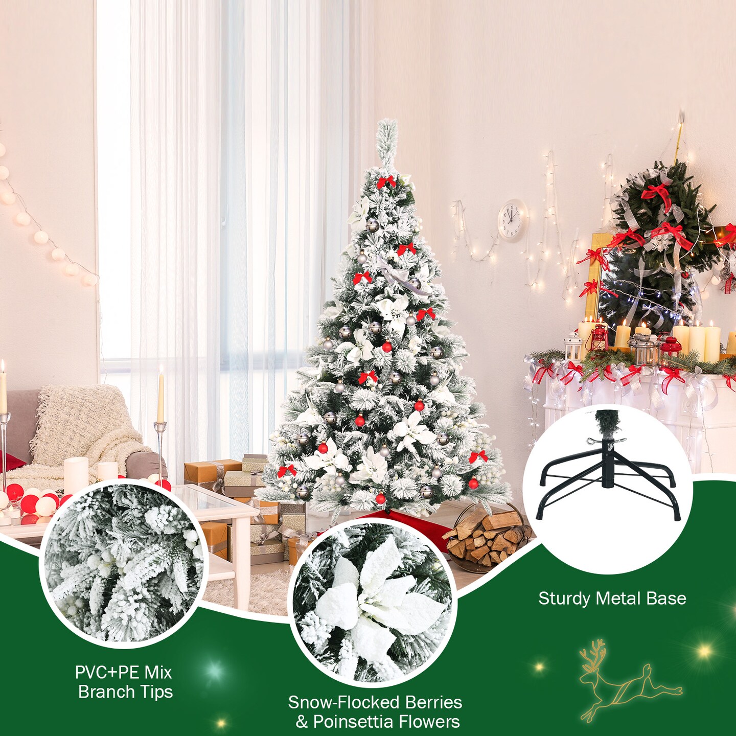 Snow Flocked Christmas Pencil Tree with Berries and Poinsettia Flowers