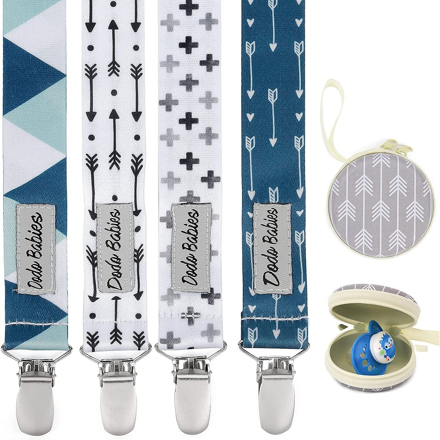 Dodo Babies Pacifier Clip Set - Four Clips Plus Binky Case &#x2013; Universal Holder Fits Most Paci Brands, Teether Toys and Car Seats &#x2013; Blue and Teal Prints for Girls or Boys