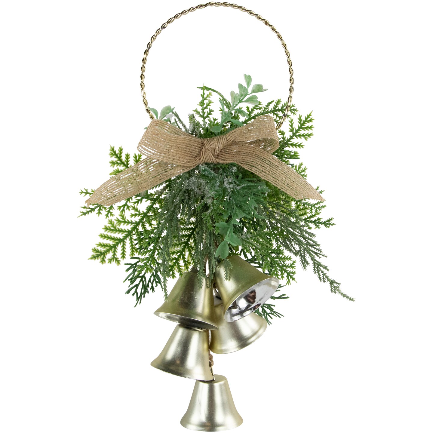 Northlight 11.25&#x22; Gold Bells Christmas Door Hanger with Burlap Bow