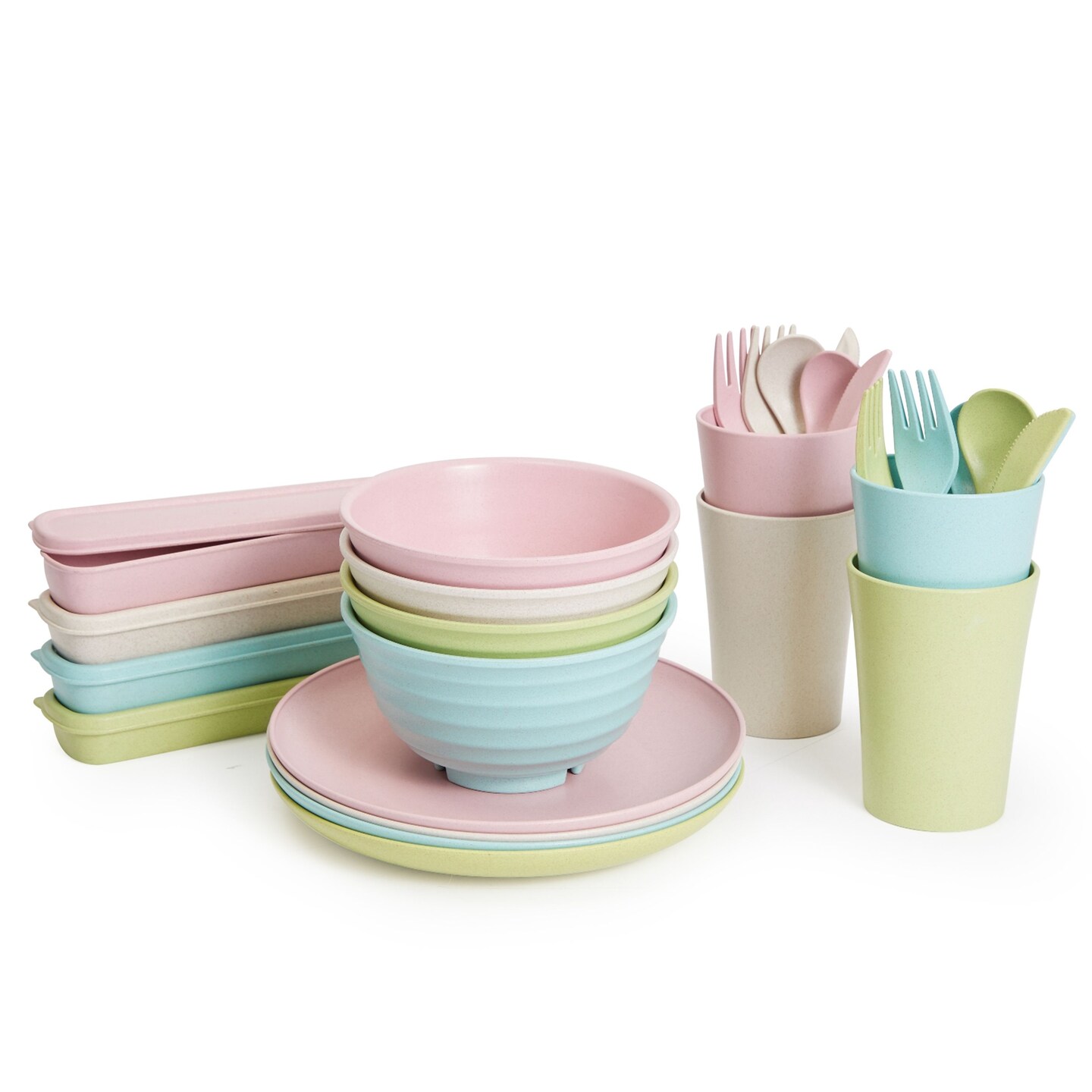Set of 28 Pcs Wheat Straw Dinnerware with Cups, Plates, Bowls for Kids &#x26; Kitchen, Unbreakable &#x26; Microwave Safe, 4 Colors