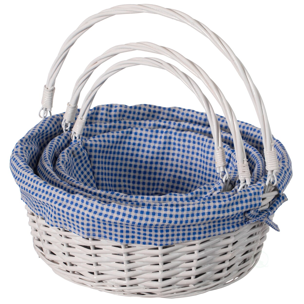 Wickerwise Traditional White Round Willow Gift Basket with Gingham Liner and Sturdy Foldable Handles Food Snacks Storage Basket