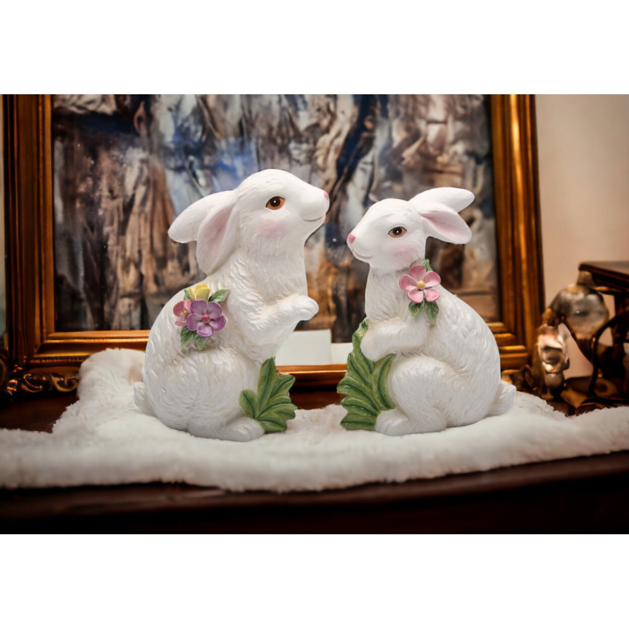 kevinsgiftshoppe Springtime Bunnies: Cute Easter Rabbits with Flowers Figurines Set of 2